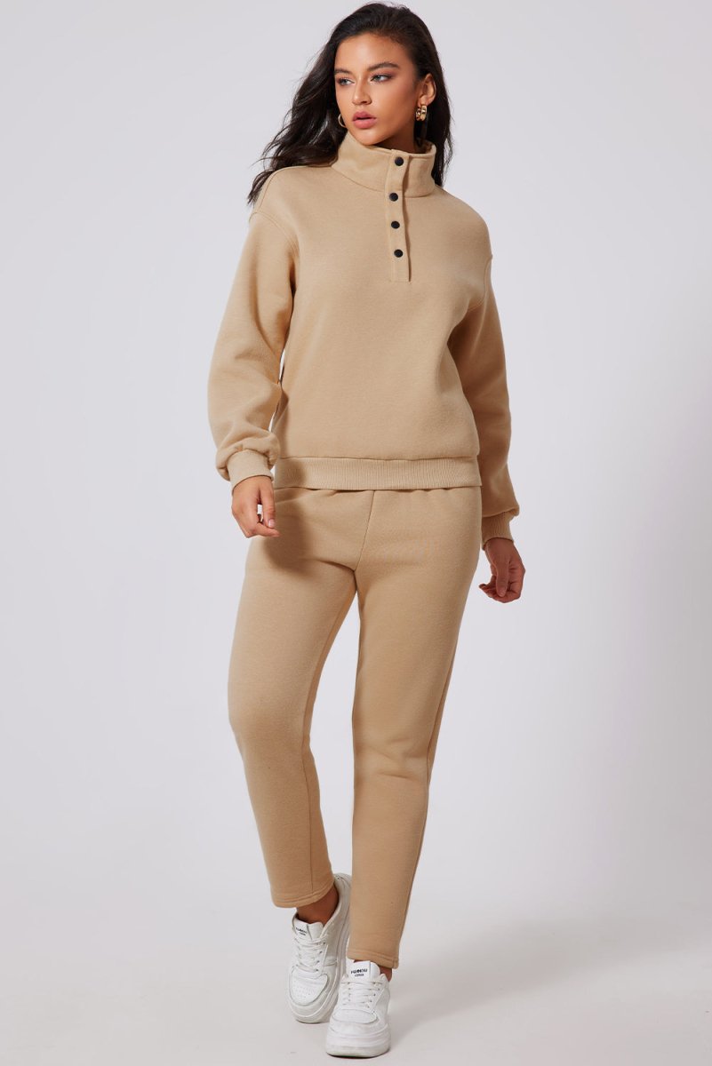Parchment Solid Half Button Sweatshirt and High Waist Sweatpants Set - Love Salve
